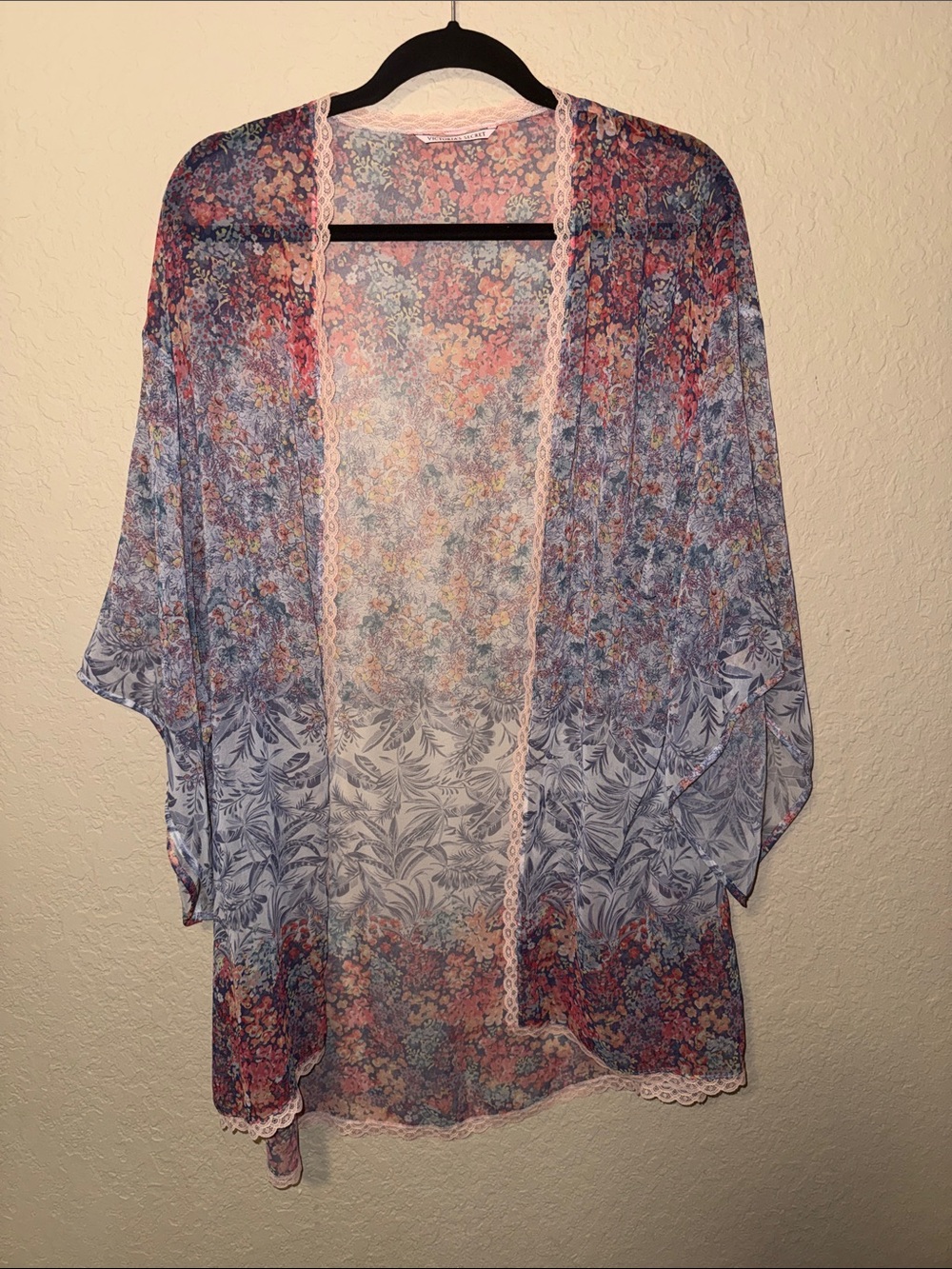 Victoria's Secret Sheer Floral Kimono in Blue and Pink 24" p2p 36 in length